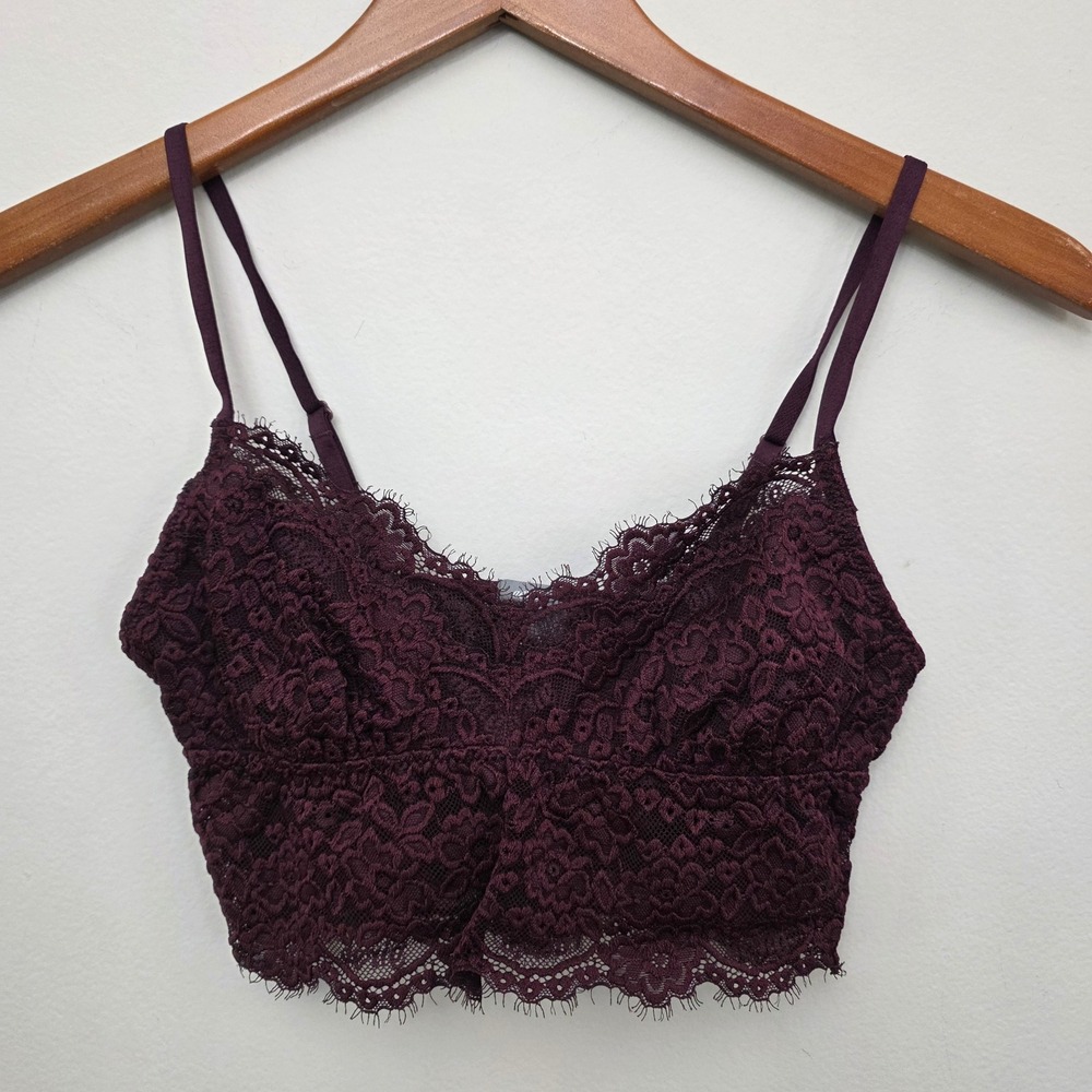Aerie Burgundy Floral Lace Longline Bralette Adjustable Straps Small Plum S/P‎